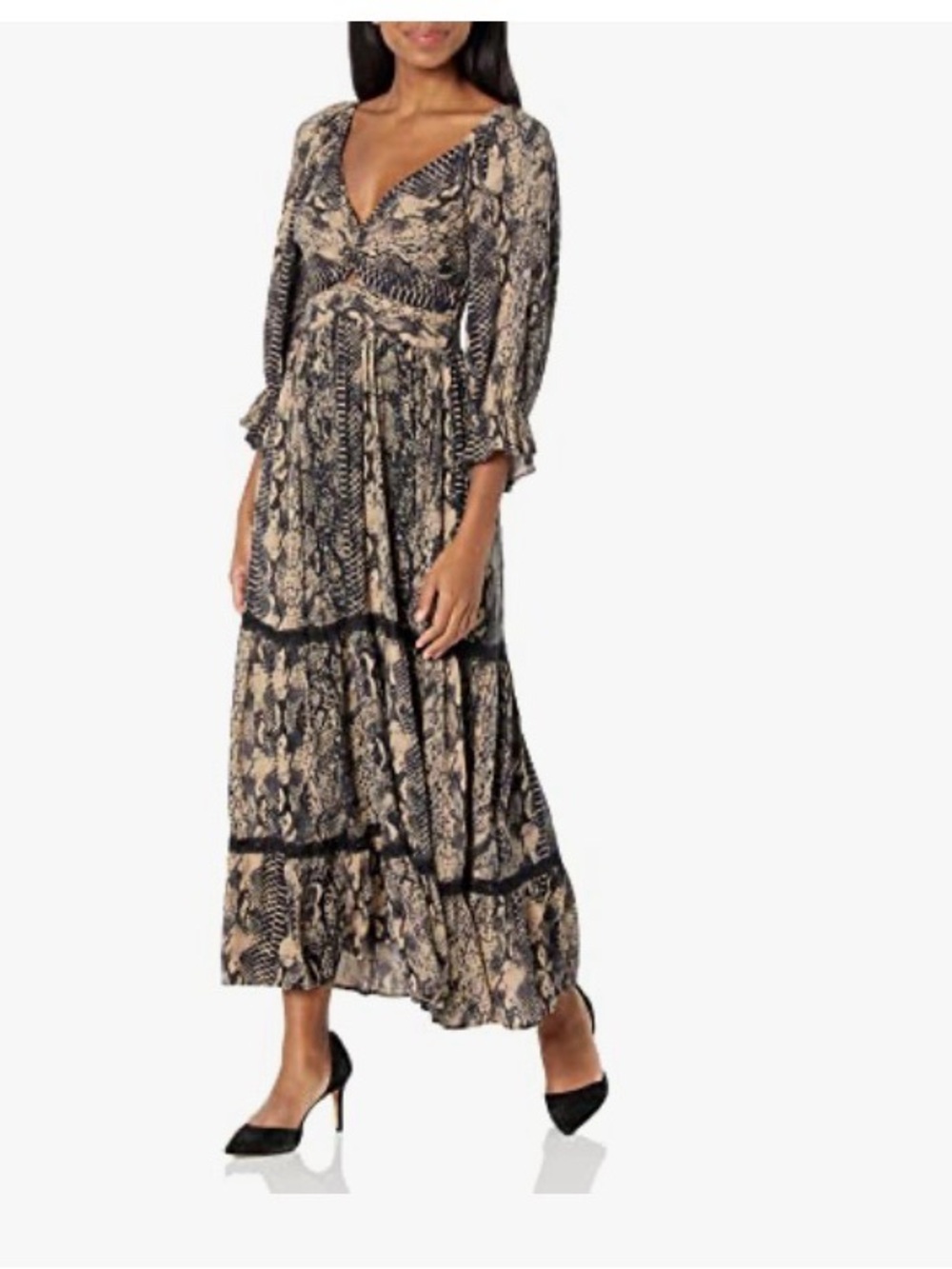 Angie Black and Beige Printed V-Neck Tiered Maxi Dress
